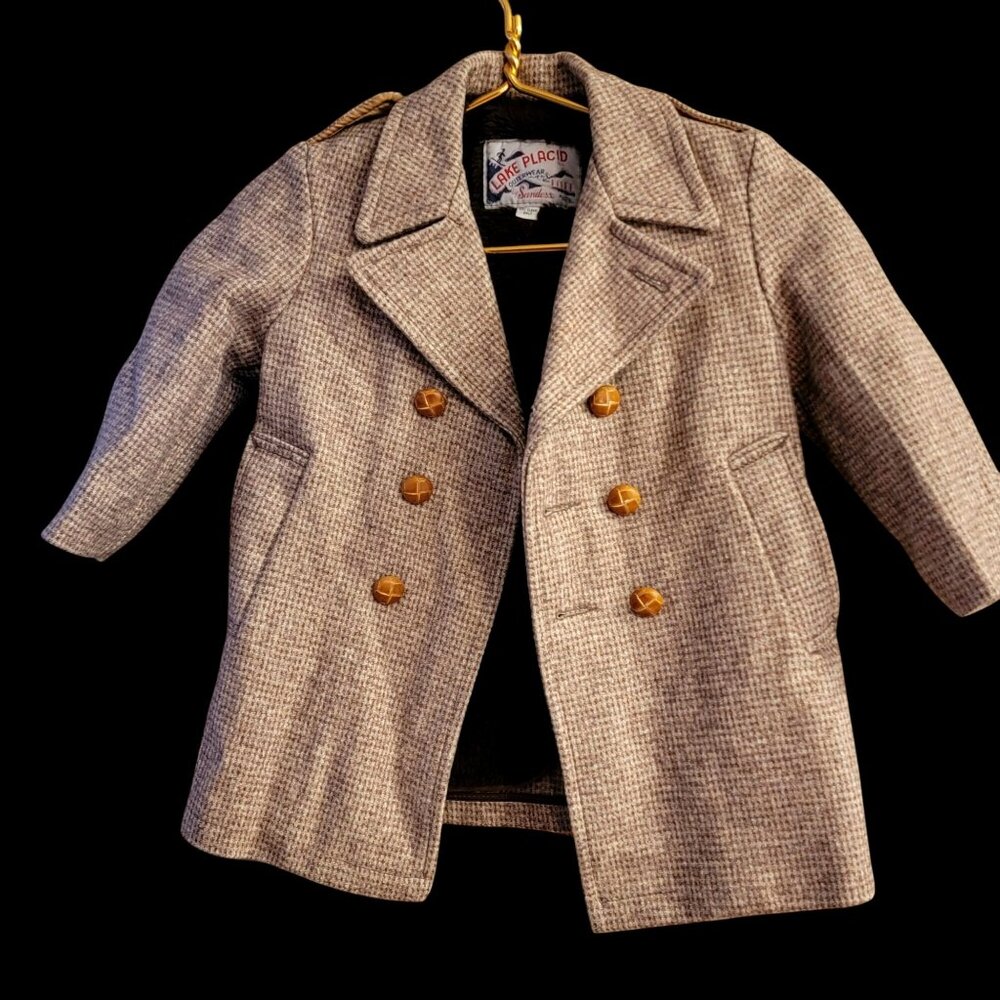Vintage Lake Placid Boys Houndstooth Wool Double-Breasted Coat W/ Belt